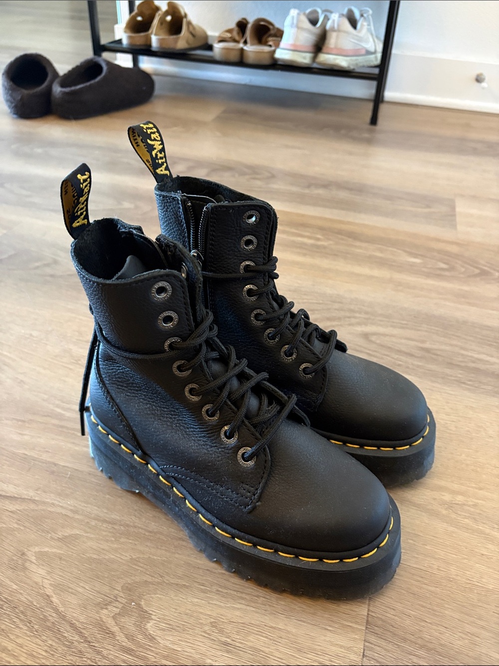 Doc Marten Classic Black Leather Platform Lace-Up Boots with Yellow Stitching